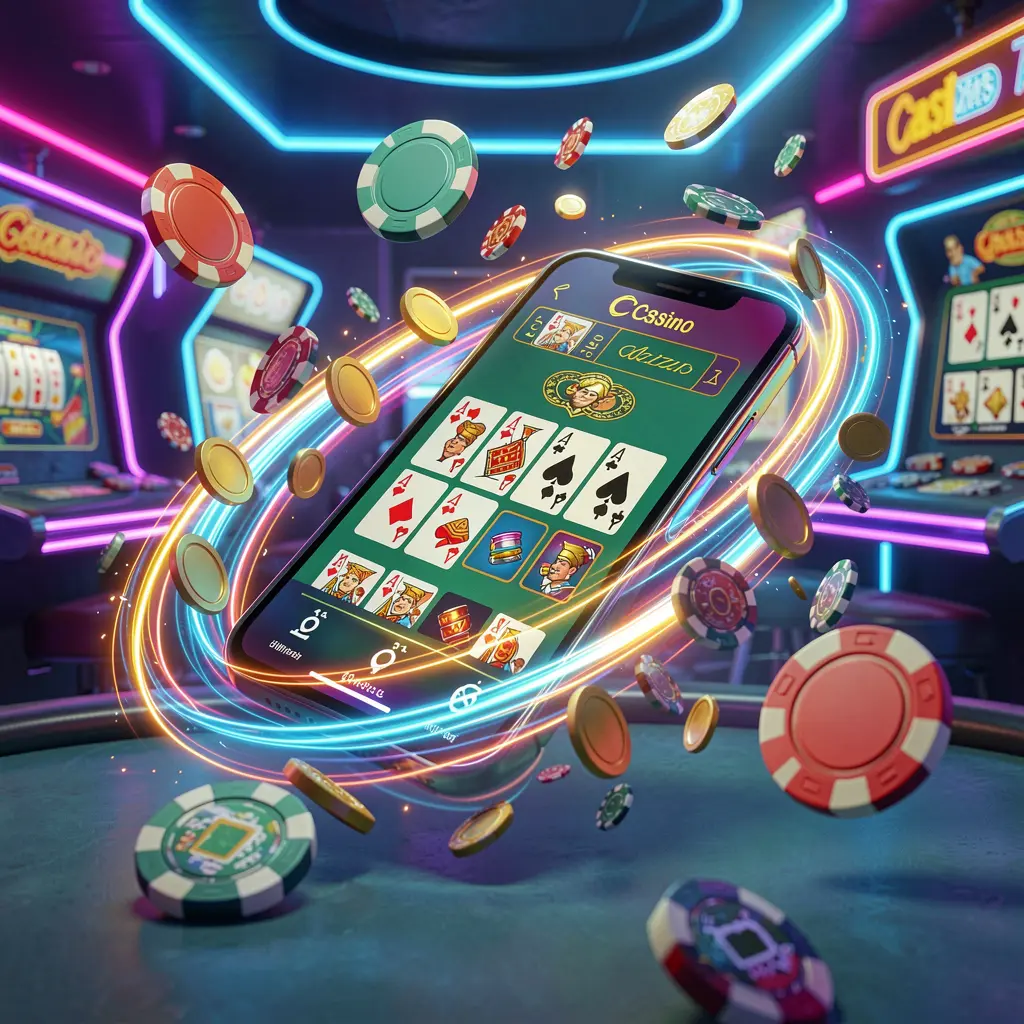 Visual de acesso rápido ao aplicativo de cassino 5KKKK com um smartphone com rastros de luz de velocidade, moedas e fichas voando ao redor contra um fundo moderno de cassino em neon em uma renderização 3D dinâmica Visual de acesso rápido ao aplicativo de cassino 5KKKK com um smartphone com rastros de luz de velocidade, moedas e fichas voando ao redor contra um fundo moderno de cassino em neon em uma renderização 3D dinâmica