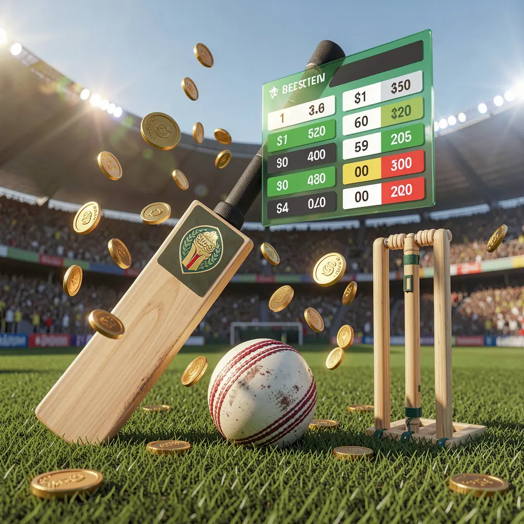 Visual da página de apostas esportivas 5KKKK mostrando um taco de críquete, bola de críquete e wickets na grama do estádio com uma interface flutuante de odds de apostas e moedas douradas voando em uma ilustração 3D realista