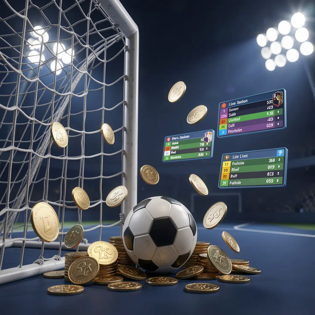 Página de apostas esportivas 5KKKK apresentando uma renderização 3D realista de uma rede de gol de futebol, bola de futebol, luzes do estádio, moedas e painéis flutuantes de placar ao vivo sobre um fundo azul-escuro premium