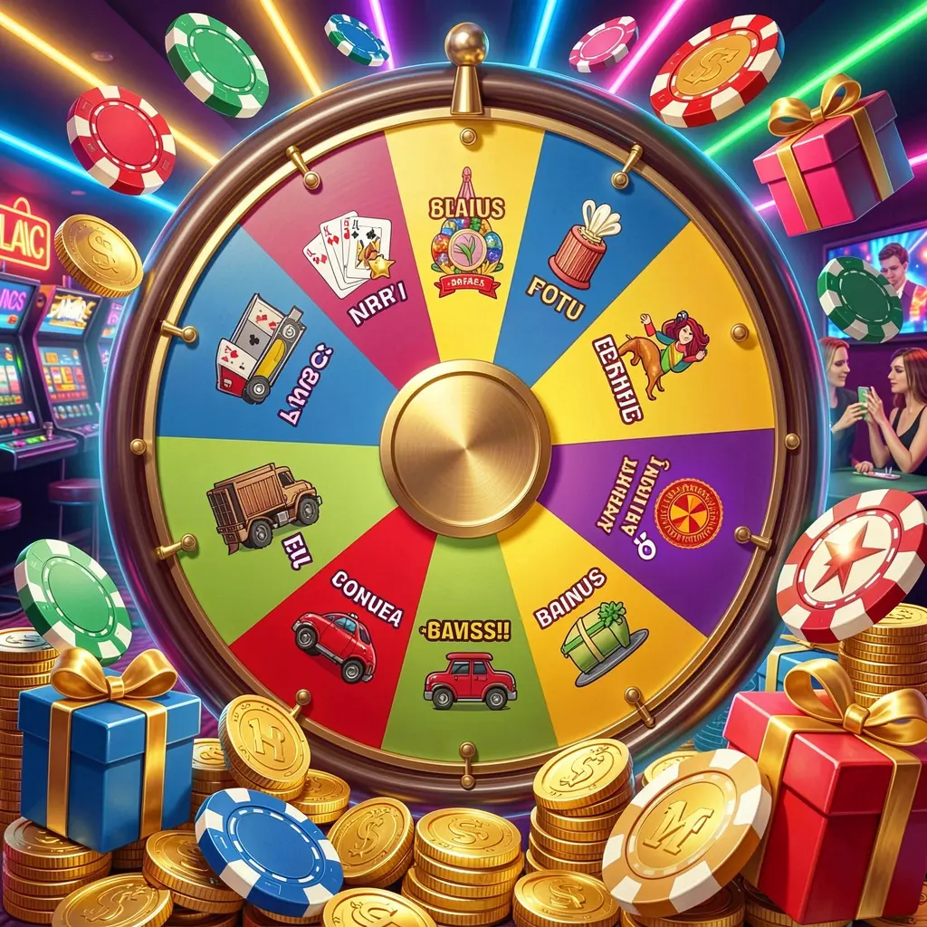 Roda de bônus do cassino 5KKKK com seções coloridas de prêmios cercadas por moedas douradas, fichas e caixas de presente sob luzes brilhantes de cassino em neon em uma composição dinâmica