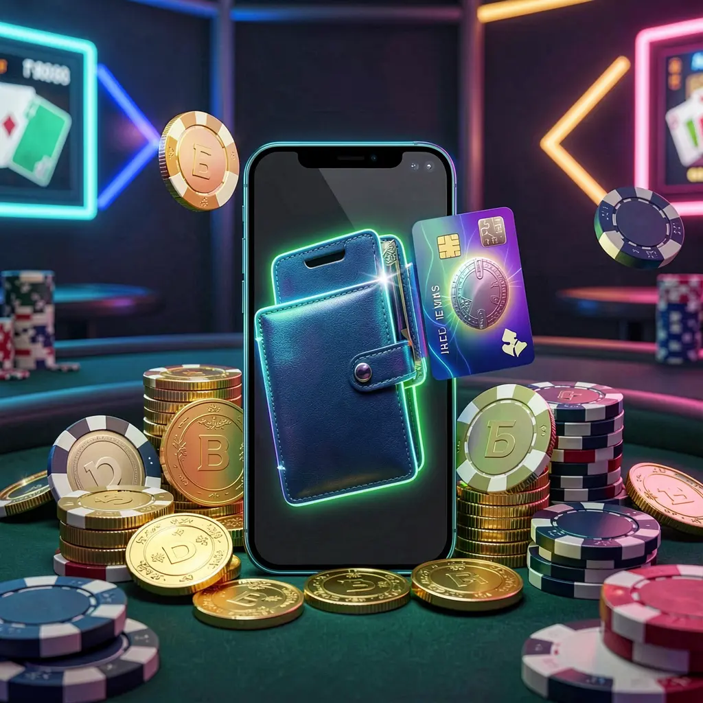 Conceito de bônus de depósito 5KKKK apresentando uma carteira de smartphone com um cartão de pagamento brilhante, cercada por moedas douradas e fichas de pôquer em um estilo moderno de cassino móvel