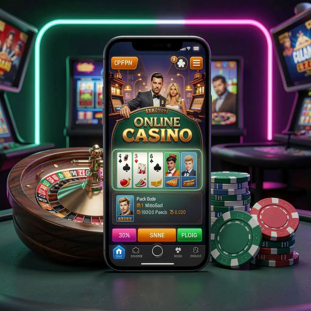 Conceito de plataforma de cassino online 5KKKK com smartphone exibindo uma interface de cassino brilhante, cercado por roleta e fichas de pôquer sobre um fundo premium em neon