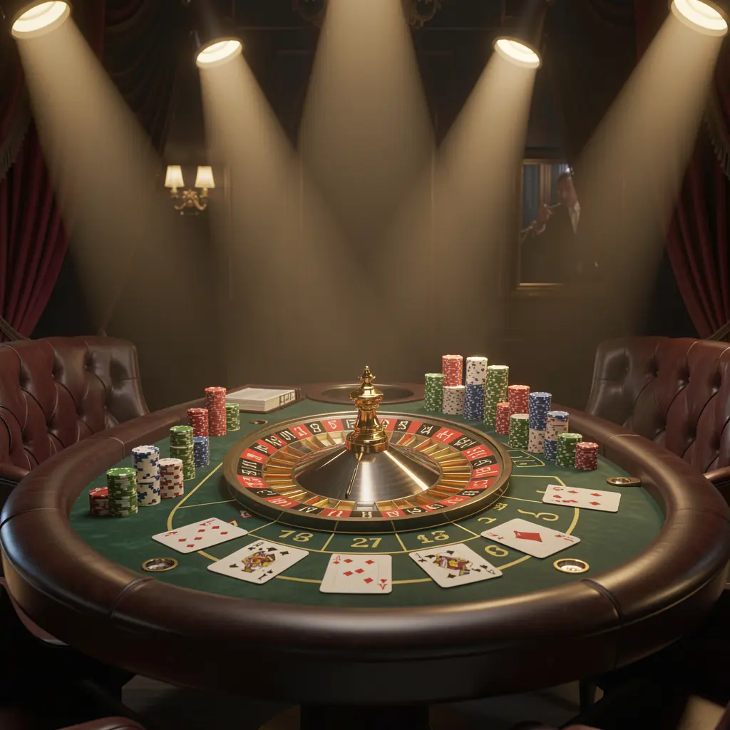 Cena de cassino ao vivo 5KKKK com uma mesa de roleta, cartas de jogar e fichas sob holofotes brilhantes, com um fundo escuro elegante criando uma atmosfera premium de jogos online