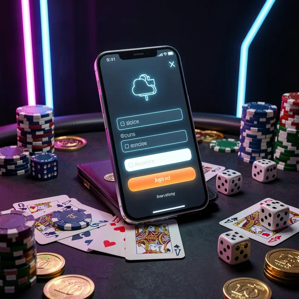 Cena de entrada na conta do cassino 5KKKK com um smartphone brilhante sobre uma mesa de cassino cercado por cartas, fichas, dados e moedas douradas, contra um fundo escuro elegante com destaques em neon em uma renderização 3D realista Cena de entrada na conta do cassino 5KKKK com um smartphone brilhante sobre uma mesa de cassino cercado por cartas, fichas, dados e moedas douradas, contra um fundo escuro elegante com destaques em neon em uma renderização 3D realista