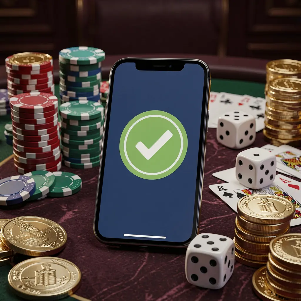 Conceito de login seguro no cassino 5KKKK mostrando um smartphone com ícone de marca de verificação, cercado por fichas, cartas, dados e moedas douradas sobre uma elegante mesa de cassino luxuosa Conceito de login seguro no cassino 5KKKK mostrando um smartphone com ícone de marca de verificação, cercado por fichas, cartas, dados e moedas douradas sobre uma elegante mesa de cassino luxuosa