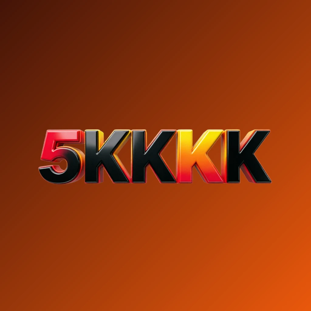Logo vibrante da 5KKKK com tipografia pesada e negrito, paleta de cores em vermelho, amarelo e laranja brilhantes, efeito 3D brilhante, design moderno e energético em fundo transparente, formato retangular horizontal ideal para cabeçalho de site