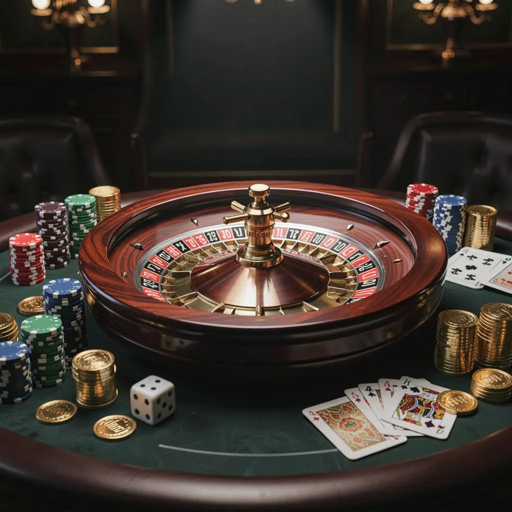 Cena de página inicial de cassino premium com uma roleta girando sobre uma mesa brilhante com fichas de pôquer, dados, cartas e moedas douradas, em um fundo escuro elegante com iluminação cinematográfica, apresentando a marca 5KKKK